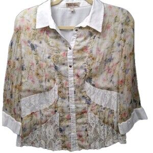 Cottagecore Lace Floral Pleated Blouse Size US 12 Eur 44 Tinta Style (Spain)